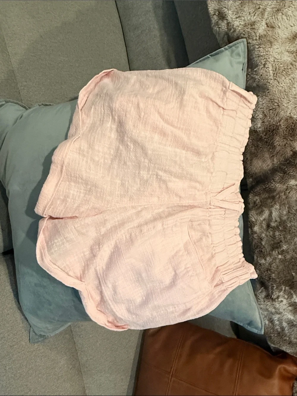 Free People Pale Pink Drawstring Waist Linen-Blend Shorts